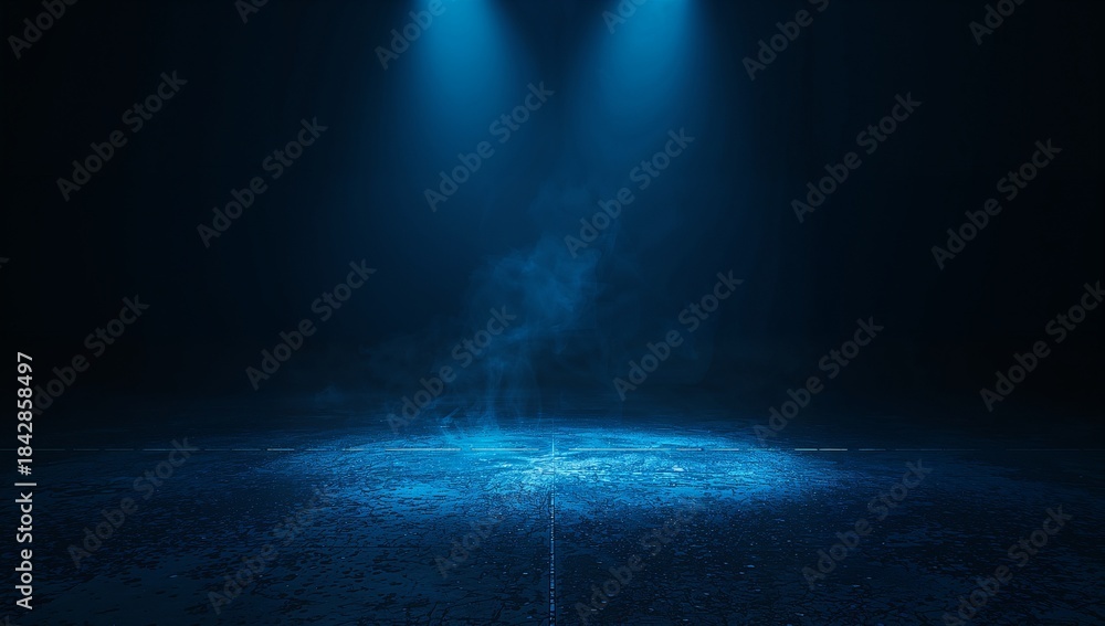 Fototapeta premium Dark empty stage background illuminated by dramatic blue spotlights with rising smoke creating an atmospheric and mysterious performance setting