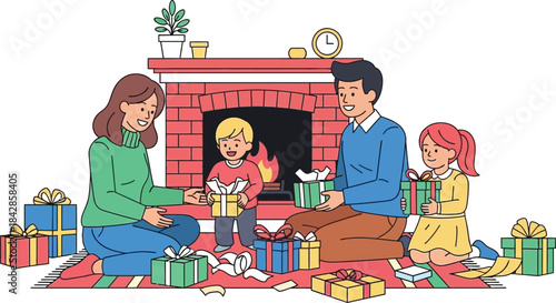 Joyful family christmas celebration unwrapping presents by a cozy fireplace full of holiday cheer and gifts isolated on white background