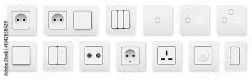 Realistic socket and switch. Interior wall outlets or electric connectors. Switches and sockets set Different square types. Vector
