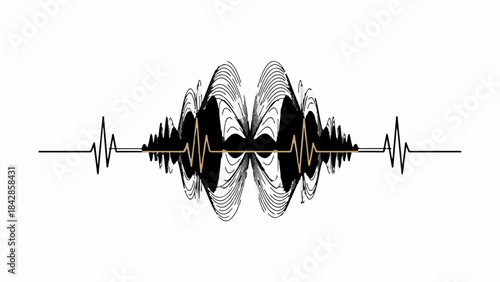 Symmetrical sound wave visualization with a subtle golden heartbeat line