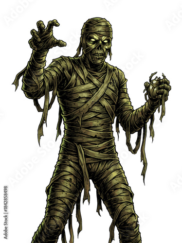 A full-body illustration of a green mummy with torn wrappings standing against a plain white background in a menacing pose.