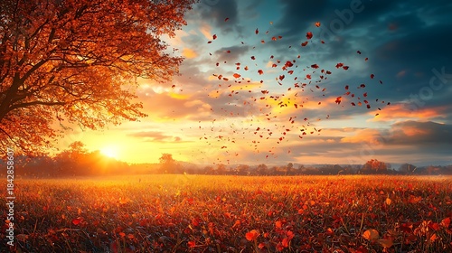 Autumn leaves drifting softly across glowing sunset countryside field high resolution picture