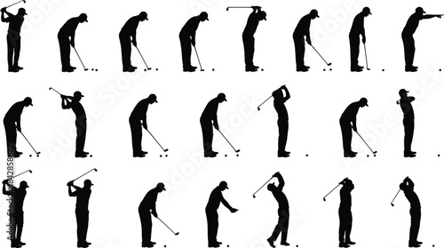 Large vector set of male golfer silhouettes demonstrating the full golf swing sequence, including backswing, downswing, impact, follow-through, and 