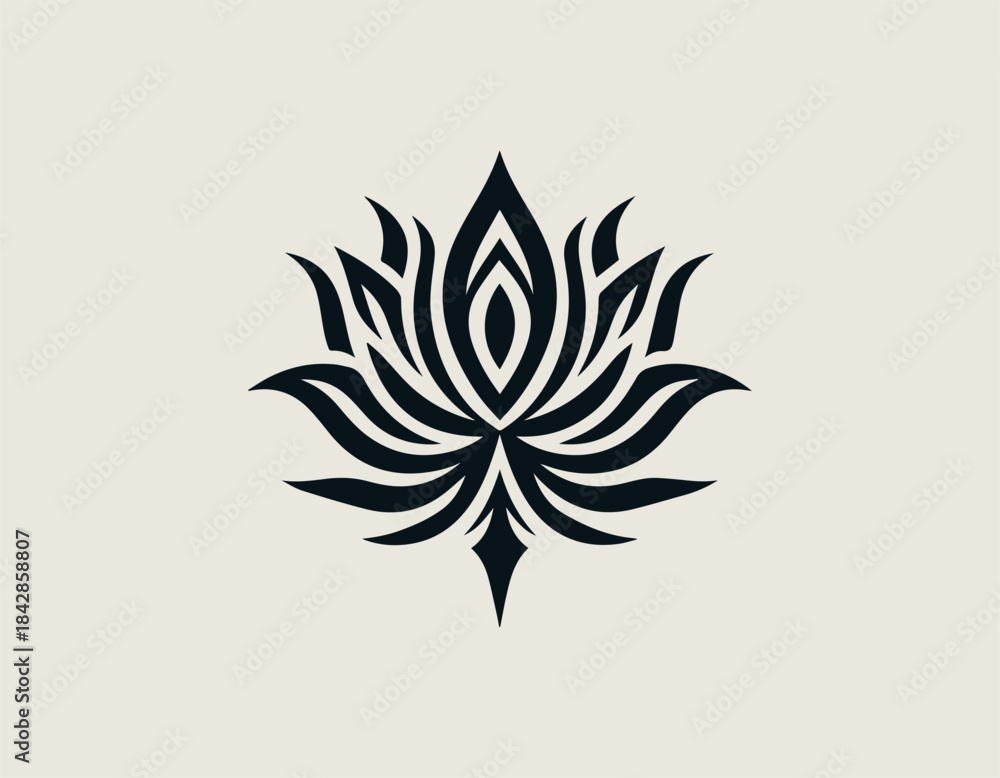 Obraz premium Elegant black tribal style lotus flower symbol with flowing lines and stylized petals vector illustration. Spiritual graphic concept