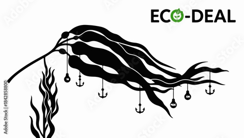 Seaweed with fishing hooks symbolizes environmental pollution and marine life danger.
