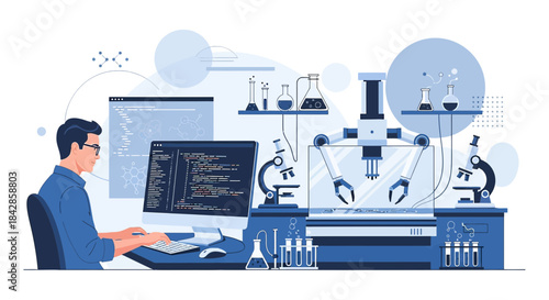 Automation in modern scientific research: a man using code to program a robot experiment