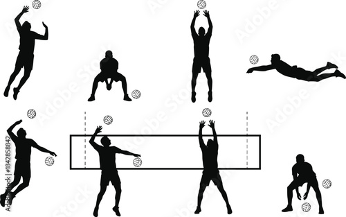 Multiple dynamic silhouette poses of male volleyball players performing actions like spiking, serving, setting, and digging over a net, depicting competitive 