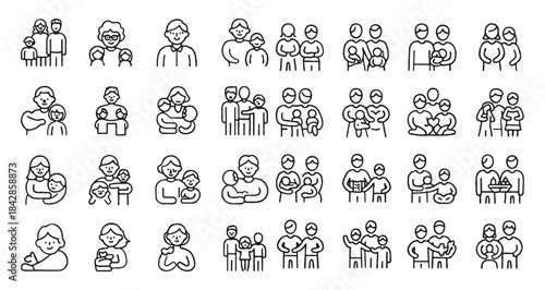 Family line editable icon set. Contain icons related to parenthood, grandparents, children, adoption, and more. Editable stroke. Vector illustration