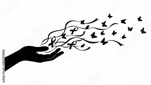 Hand releasing ribbons and butterflies symbolizing hope and freedom