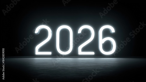 Illuminated Neon Numbers Displaying 2026 in Dark Environment