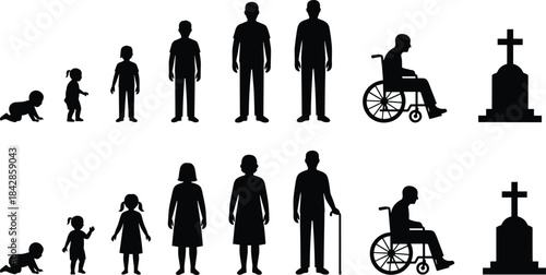 Silhouette graphic set depicting the human aging process from crawling baby to standing adult, wheelchair reliance, and gravestone, illustrating life 