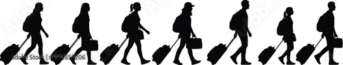 Silhouette of diverse families and travelers walking in a long line, featuring adults and children pulling rolling suitcases, symbolizing arrival, departure, long journey, 
