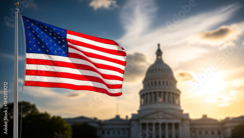 Close up of the red white and blue banner flying on a pole with a legislative dome in the rear during golden hour representing the concepts of independence and democratic governance in the USA