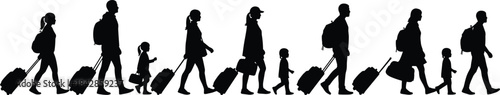 Silhouette of diverse families and travelers walking in a long line, featuring adults and children pulling rolling suitcases, symbolizing arrival, departure, long journey, .