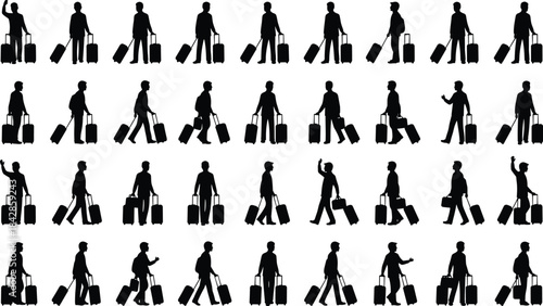 Romantic couple kissing silhouette with travel luggage, affectionate goodbye or joyful reunion, honeymoon vacation departure or arrival, vector i