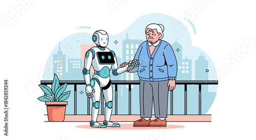 Caring companionship a futuristic illustration featuring an elderly woman and her robot companion