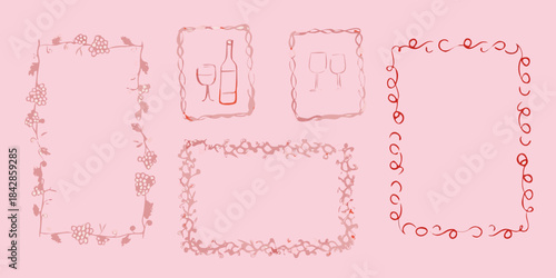 Hand drawn frames with wine grapes and floral elements on a pink background