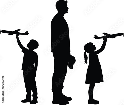 Silhouette of a father figure in uniform standing in profile with a boy and girl, children happily holding toy airplanes forward/up, symbolizing military family 