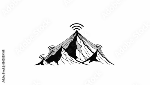 Mountain peak transmitting signals, representing connectivity and broadcast