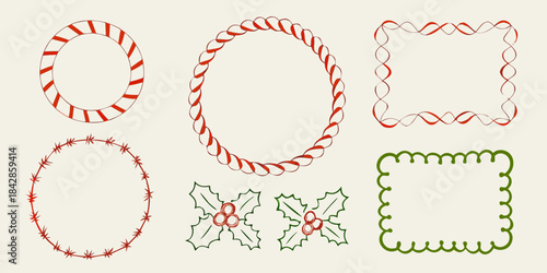 Candy cane and holly decorative borders and frames in red and green