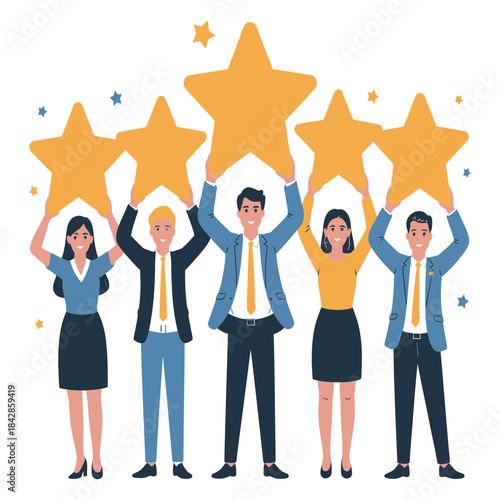 Five happy successful business people holding up large golden stars, celebrating top service rating and excellent feedback, concept of achieving best customer satisfaction and quality award