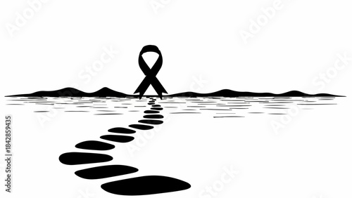 A somber path marked by a black ribbon leads towards a distant, symbolic horizon.