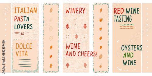 Italian gastronomy themed banners with text relating to food and wine