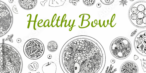 Sketch illustrations of healthy bowls fruits and vegetables on a white background