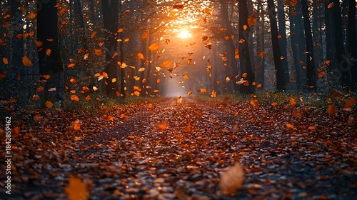 Autumn leaves swirling gently across a peaceful forest trail at sunset high resolution picture