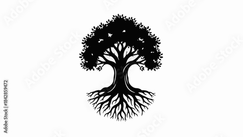 Symbol of a strong, deep-rooted tree with intricate branches and visible roots on a white background