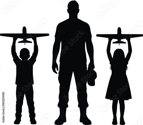 Silhouette of a father figure in uniform with a boy and girl, children happily holding toy airplanes overhead, concept of military homecoming, future aviation 