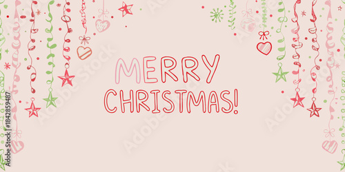 Festive christmas background with hand drawn ornaments and the word merry
