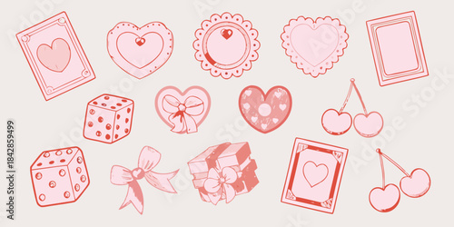 A collection of pink illustrated objects including hearts dice and gift boxes
