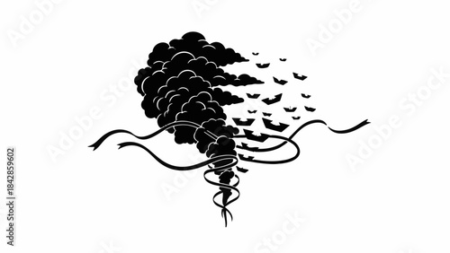 Dark swirling smoke dissipating into a flock of birds against a white background