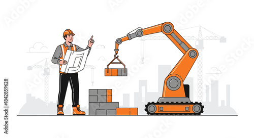 Construction worker overseeing robotic arm at building site with blueprint in hand new era