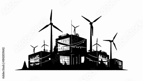 Modern eco-friendly buildings with wind turbines generating clean energy at sunset.