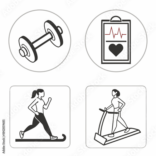 “Fitness icons — dumbbell, heart rate, treadmill, yoga pose — minimal outline, consistent stroke, UI pack, SVG.”