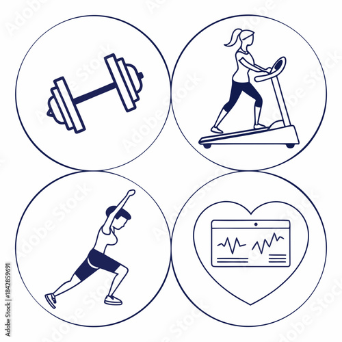 “Fitness icons — dumbbell, heart rate, treadmill, yoga pose — minimal outline, consistent stroke, UI pack, SVG.”