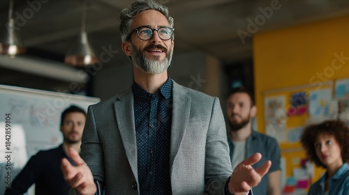 Charismatic Leader Inspiring Team: A seasoned leader, exuding confidence and charisma, addresses a group of attentive colleagues, fostering collaboration and sparking innovation.