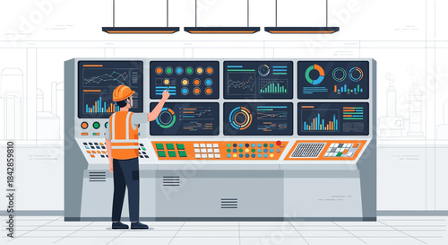 Control room operator overseeing operations on a large digital interface panel displaying