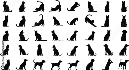 Cat and dog silhouette grid set, black animal posture and gesture icons, pet behavior and species comparison concept illustration