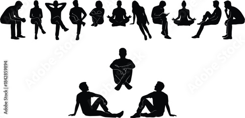 Set of People Silhouettes Sitting in Various Poses Relaxing Reading and Meditating Vector Illustration.