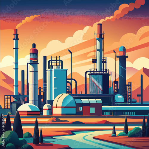 Industrial Plant Complex at Sunset