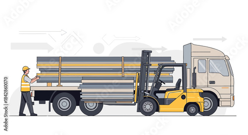 Delivery process illustration showcasing a truck unloading with the aid of a forklift and worker