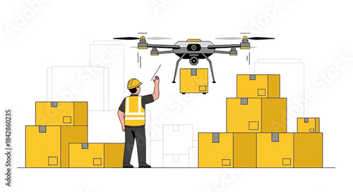 Drone delivery service illustration, worker controlling autonomous aerial vehicle transporting