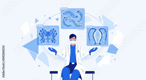 Doctor presenting medical information with anatomical illustrations in futuristic presentation style