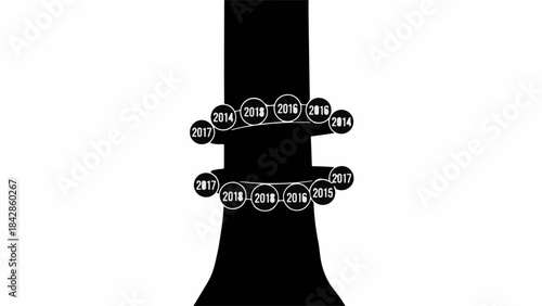Abstract representation of time passing, with years circling a central structure.