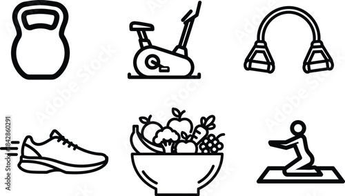 Collection of outline icons depicting various fitness equipment healthy food and exercise activities for a balanced lifestyle concept