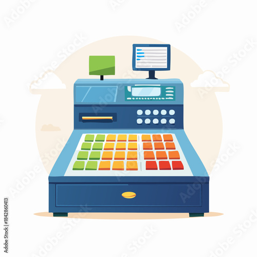 Modern digital cash register illustration for retail transactions and sales management, featuring a sleek design with interactive buttons and a display screen for efficient point-of-sale operations