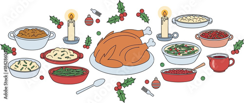 Festive holiday feast with roast turkey gravy candles and seasonal side dishes arranged on a table for celebration isolated on white background